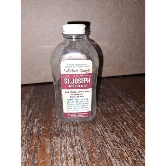 Vintage St Josephs Aspirin Clear Glass Bottle with Lid and Label Apothecary - Picture 1 of 4